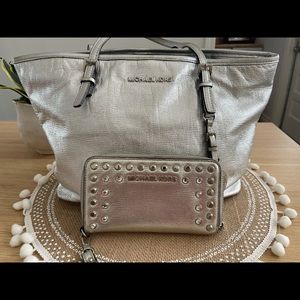 Michael Kors Tote and Wristlet Chrome Silver